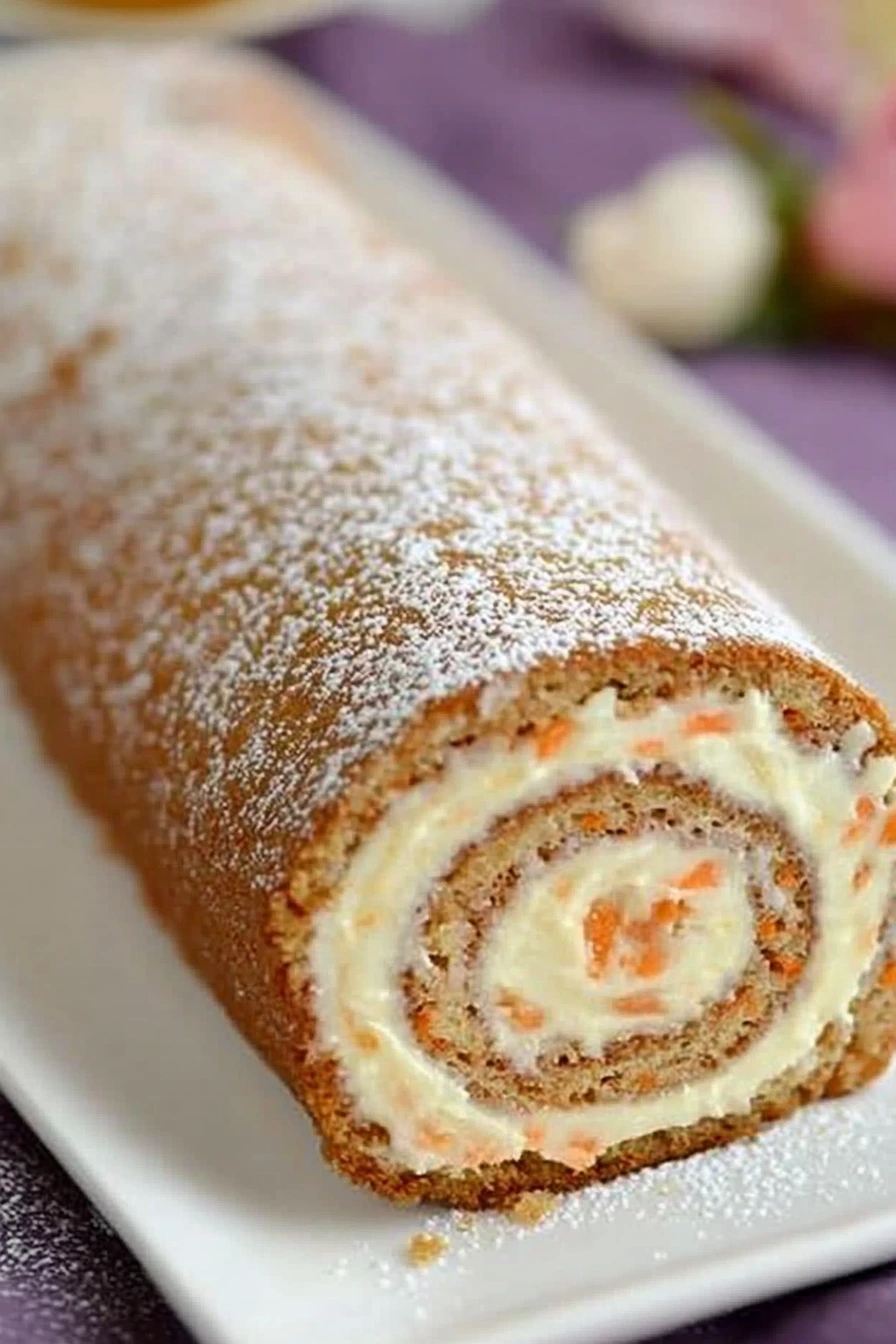 Close-up of a carrot cake roll with cream cheese frosting, sliced to reveal moist sponge and creamy filling, dusted with powdered sugar.