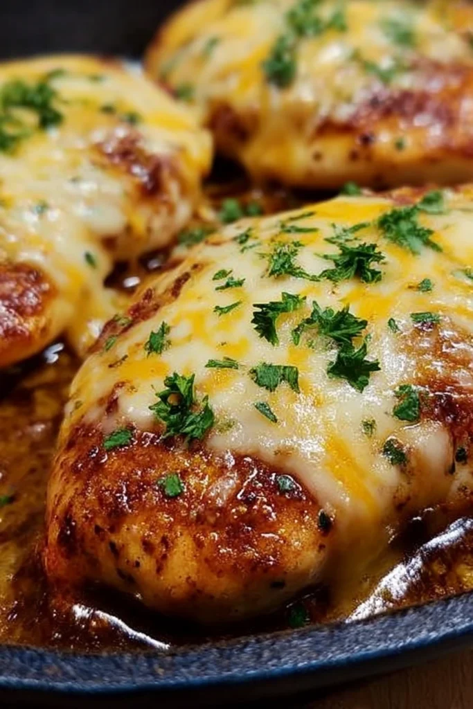 Cheesy Honey Mustard Chicken Recipe: Quick, Juicy & Delicious Dinner 4 Close-up of juicy seared chicken breasts topped with melted cheddar and mozzarella cheese and fresh parsley, cooked in a rustic blue cast iron skillet.