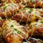 Cheesy Honey Mustard Chicken Recipe: Quick, Juicy & Delicious Dinner 5 Juicy golden-brown pan-seared chicken breasts topped with melted cheddar and mozzarella cheese, garnished with fresh parsley in a rustic skillet.