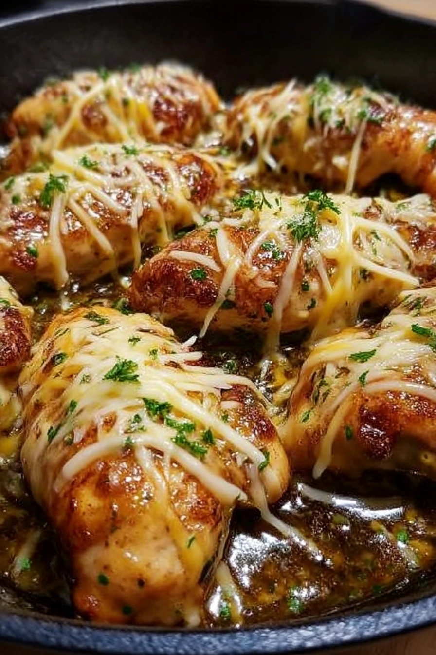 Juicy golden-brown pan-seared chicken breasts topped with melted cheddar and mozzarella cheese, garnished with fresh parsley in a rustic skillet.