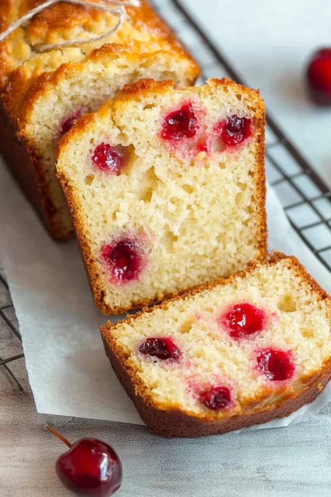 Cherry Almond Bread: The Moist, Nutty Loaf You’ll Want to Gift All Season Long 5 Sliced cherry almond bread loaf showing golden crust and soft interior with vibrant red cherries.