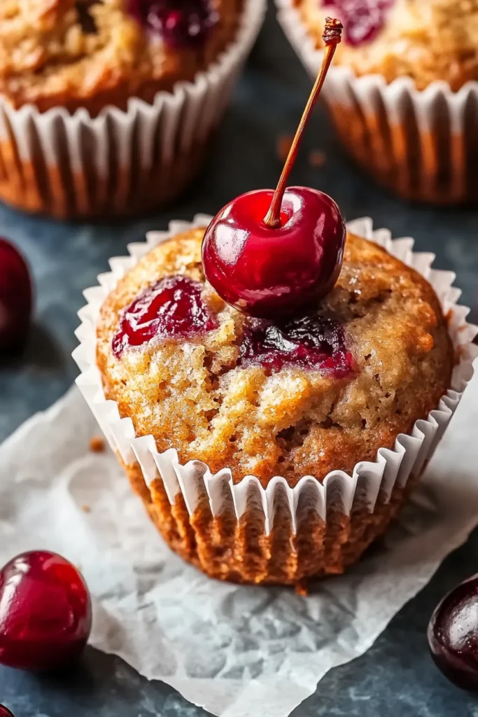 Cherry Banana Muffins – Moist, Easy, and Bursting with Flavor 6 Close-up of a cherry banana muffin with a whole cherry on top, on parchment paper with fresh cherries around.