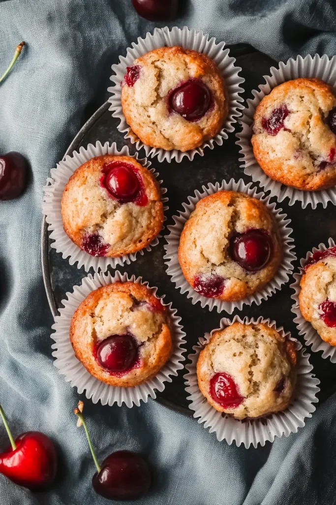 Cherry Banana Muffins – Moist, Easy, and Bursting with Flavor 7 Top-down view of cherry banana muffins with baked cherries on a linen cloth, surrounded by fresh cherries.