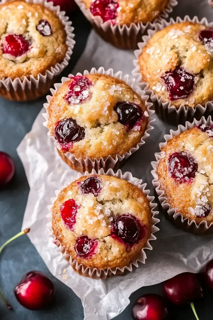Cherry Banana Muffins – Moist, Easy, and Bursting with Flavor 8 Golden cherry banana muffins with sugar tops and baked cherries, placed on parchment paper with whole cherries around.