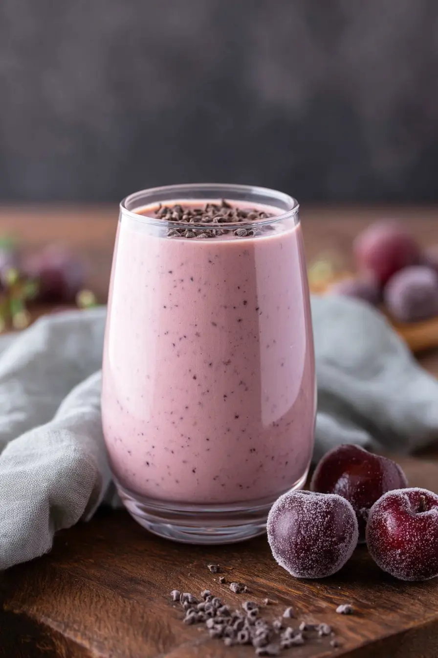 Glass of creamy cherry banana smoothie topped with chocolate chips, surrounded by frozen cherries on a rustic table.