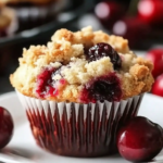 Cherry cobbler muffin with streusel topping and fresh cherries on a white plate