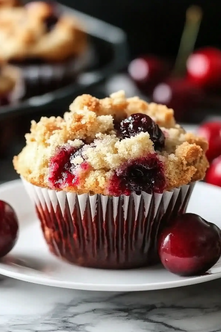 Cherry cobbler muffin with streusel topping and fresh cherries on a white plate