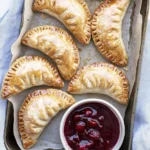 Golden cherry hand pies glazed with almond icing on a ceramic tray with cherry filling.