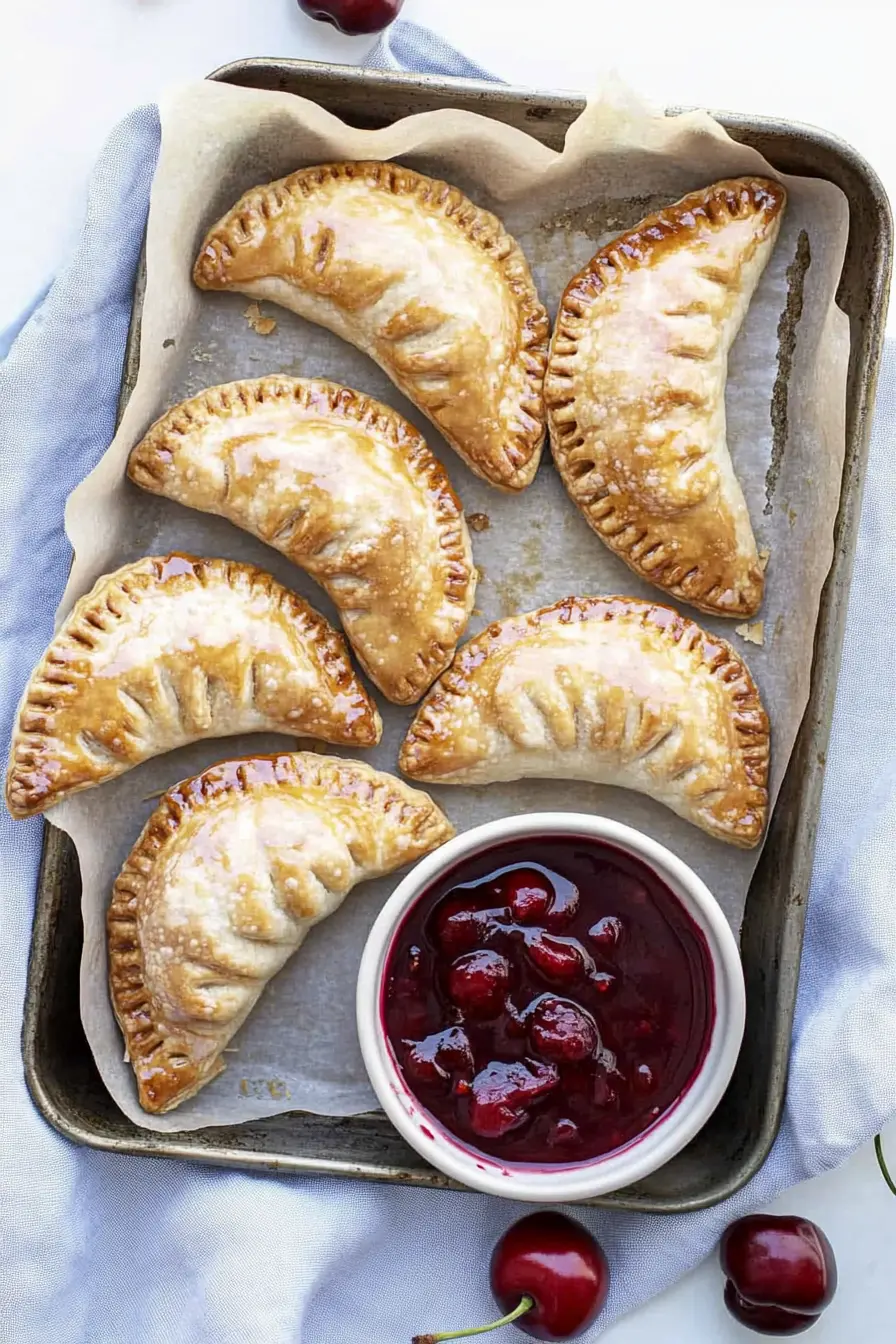Golden cherry hand pies glazed with almond icing on a ceramic tray with cherry filling.