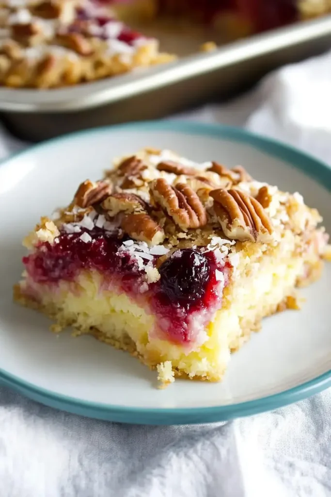 Cherry pineapple dump cake slice with toasted coconut and pecans on a white plate with teal edge, showing gooey cherry filling and golden cake layers.