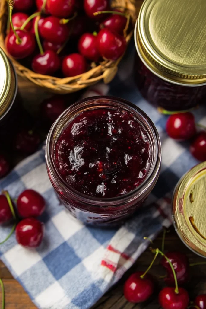 Overhead view of cherry vanilla jam in a glass jar with whole cherries and sealed jars on a rustic surface