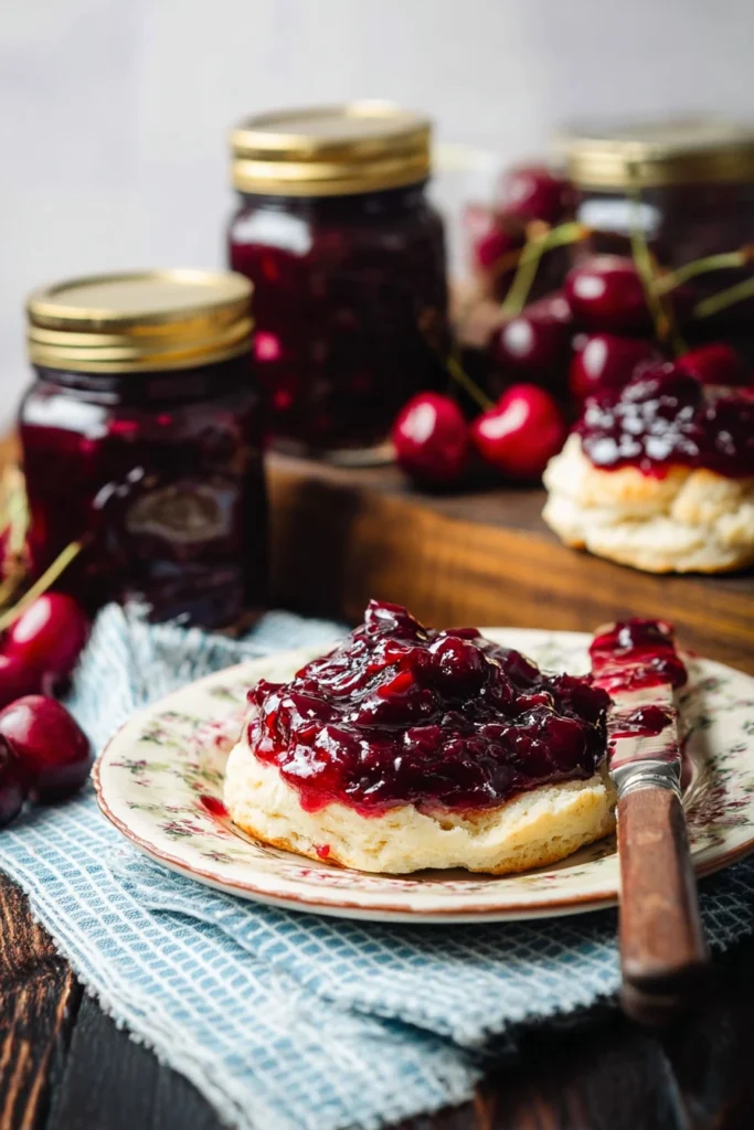 Biscuit topped with cherry vanilla jam on a plate, with jam jars and fresh cherries in the background