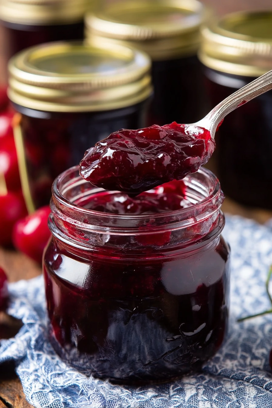 Close-up of homemade cherry vanilla jam in a glass jar with spoon and rustic jar lid