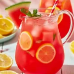 Watermelon Lemonade: Easy & Refreshing Summer Drink Recipe 9 Refreshing watermelon lemonade in a glass pitcher garnished with lemon slices, watermelon chunks, fresh mint, and a watermelon wedge on a white rustic wooden table.