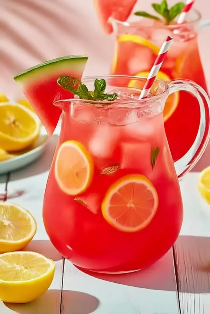 Refreshing watermelon lemonade in a glass pitcher garnished with lemon slices, watermelon chunks, fresh mint, and a watermelon wedge on a white rustic wooden table.