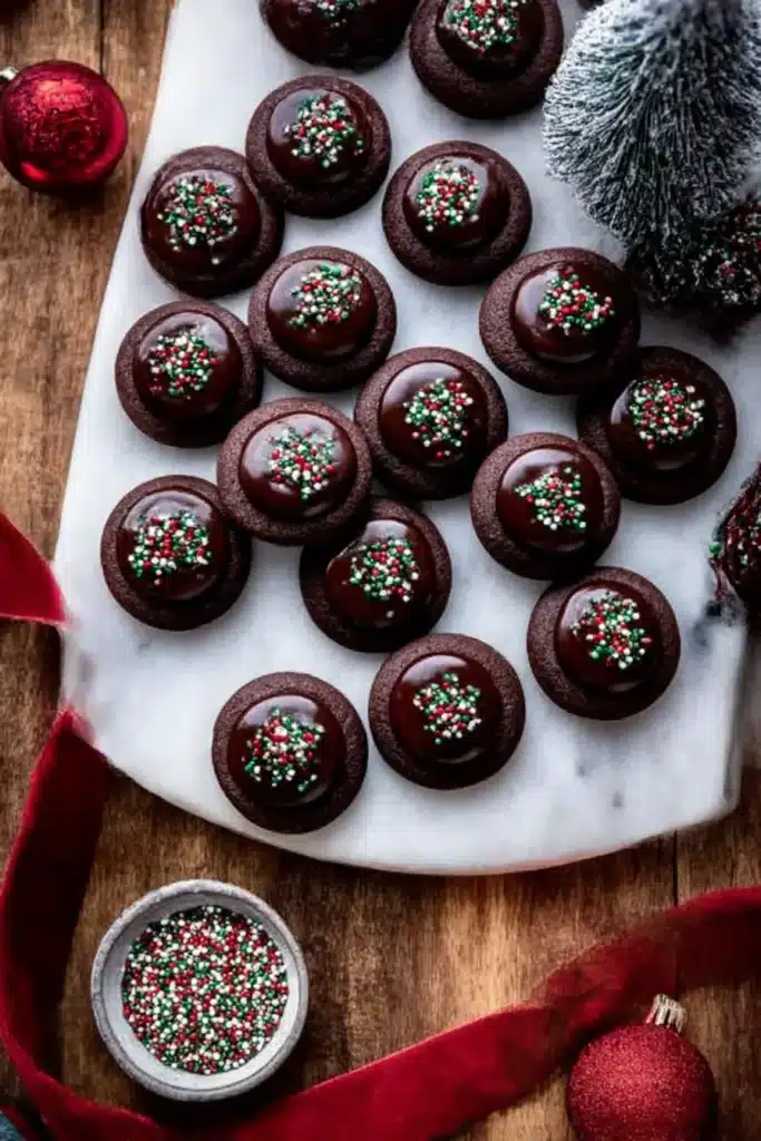 Chocolate Thumbprint Cookies – Rich & Chewy with Ganache Centers 6 Chocolate thumbprint cookies with ganache and Christmas sprinkles on a white serving board with holiday decor.