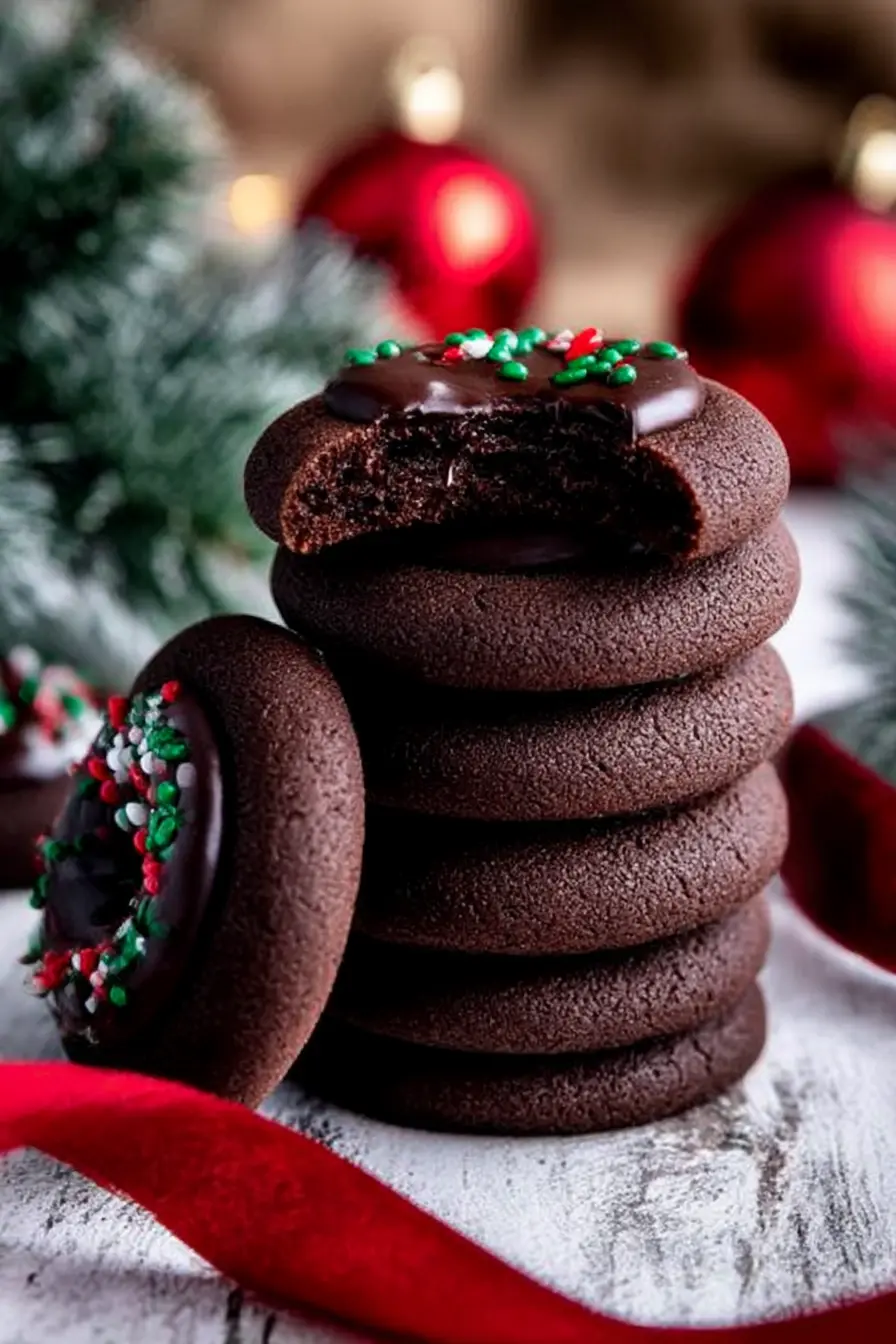 Stack of chewy chocolate thumbprint cookies with ganache filling and holiday sprinkles on a festive background.
