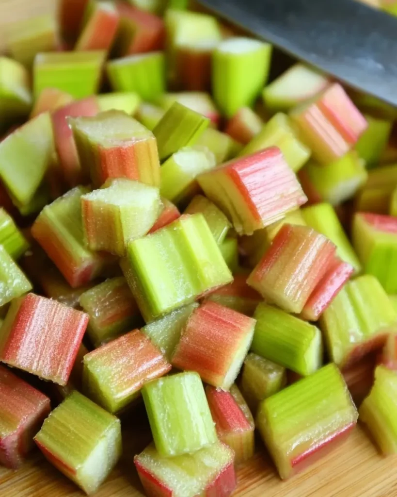 Freshly chopped rhubarb stalks on a cutting board, ready for jam making.