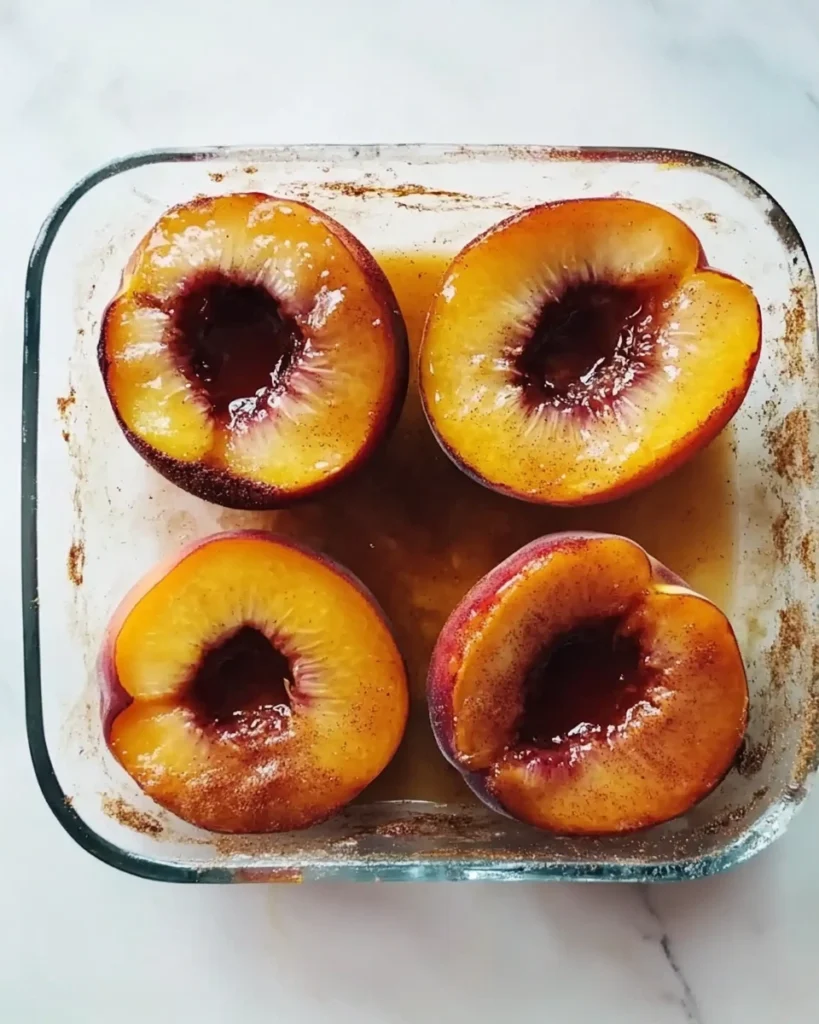 Cinnamon-coated peach halves arranged in a glass baking dish with maple syrup