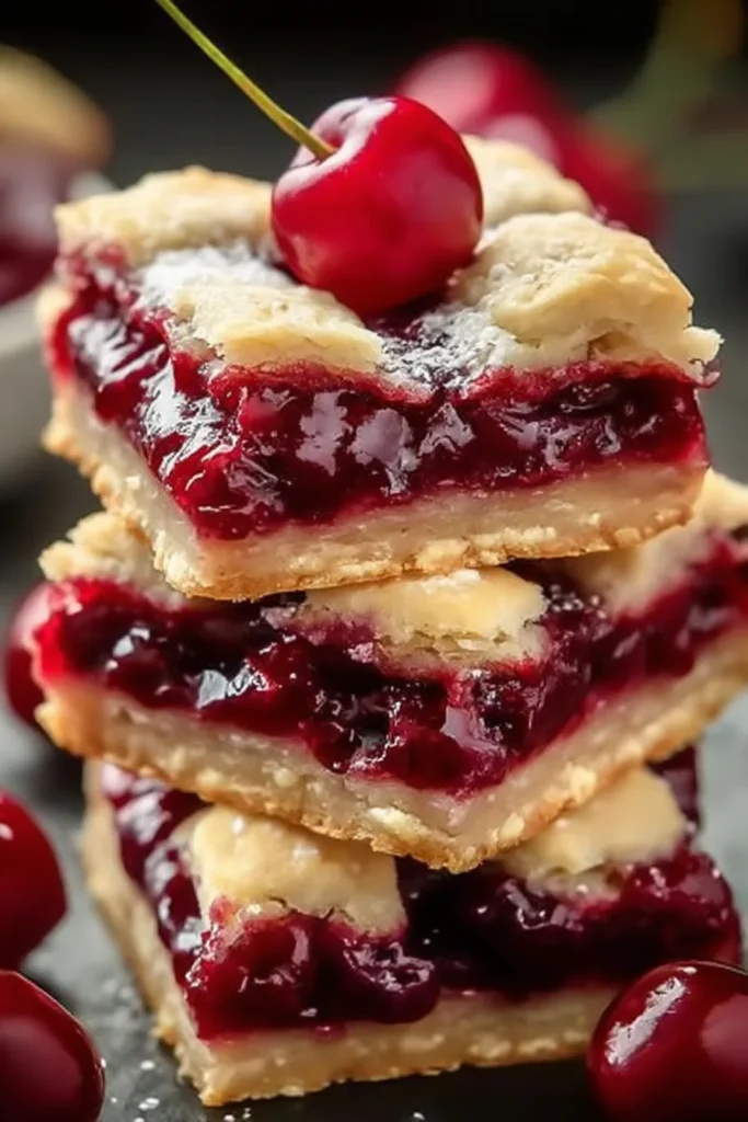 Easy Cherry Pie Bars with glossy deep red cherry filling and soft buttery crumbly crust topped with fresh cherries on stems.