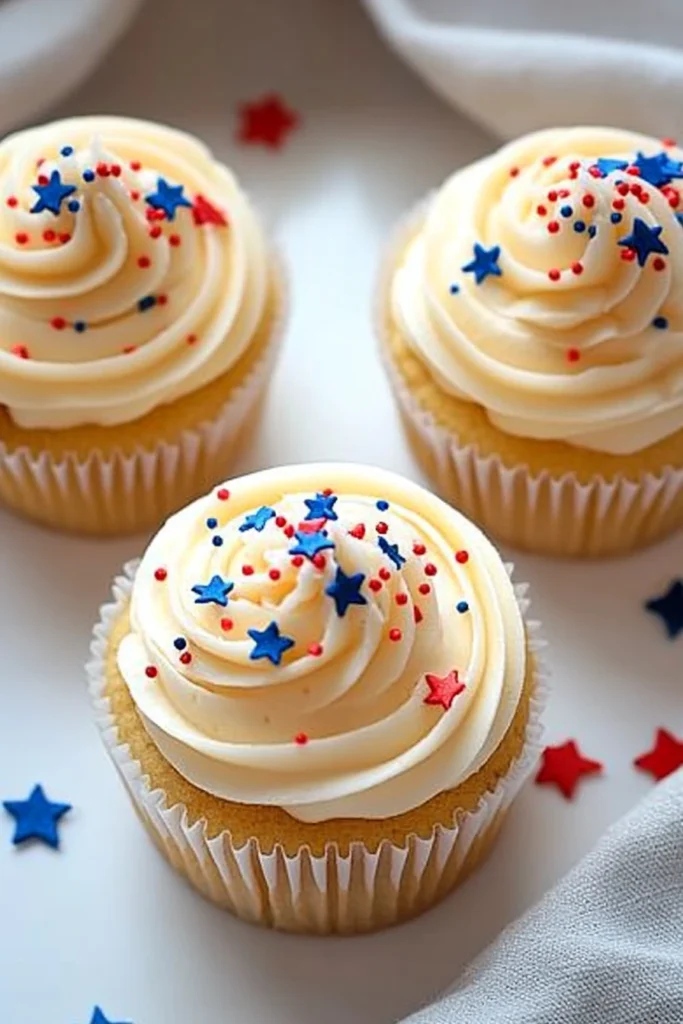 All-American Vanilla Cupcakes: Easy & Festive 4th of July Recipe 6 Three vanilla cupcakes with creamy vanilla buttercream frosting topped with red and blue star-shaped sprinkles on a clean white surface with scattered sprinkles and a soft gray fabric background.