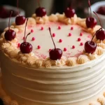 Vintage Maraschino Cherry Cake – Delightful Retro Favorite 5 Vintage Maraschino Cherry Cake decorated with piped buttercream rosettes and glossy cherries on a rustic speckled ceramic cake stand on a wooden table
