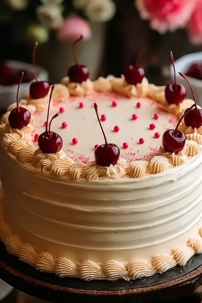 Vintage Maraschino Cherry Cake – Delightful Retro Favorite 4 Vintage Maraschino Cherry Cake decorated with piped buttercream rosettes and glossy cherries on a rustic speckled ceramic cake stand on a wooden table
