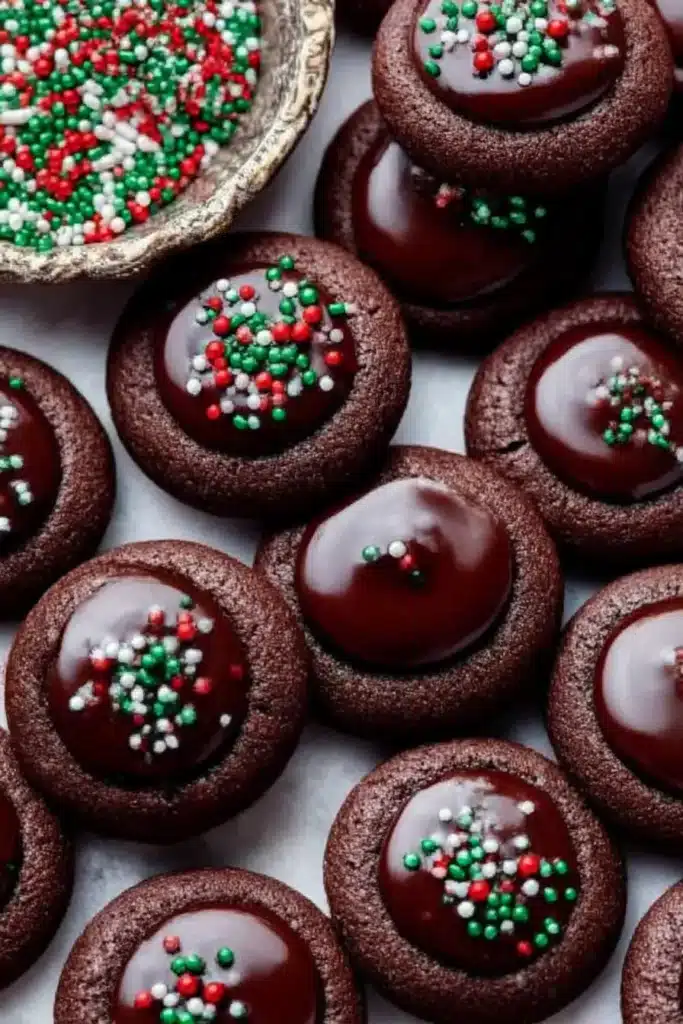 Chocolate Thumbprint Cookies – Rich & Chewy with Ganache Centers 5 Close-up view of chocolate thumbprint cookies with glossy ganache and festive holiday sprinkles on a white background.