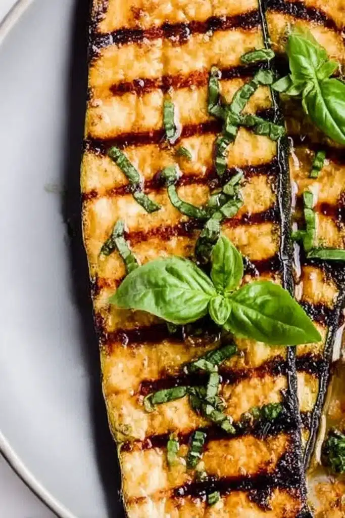 Grilled Zucchini Recipe: Easy, Flavor-Packed Summer Side 4 Close-up of grilled zucchini with basil garnish and balsamic glaze on a white plate
