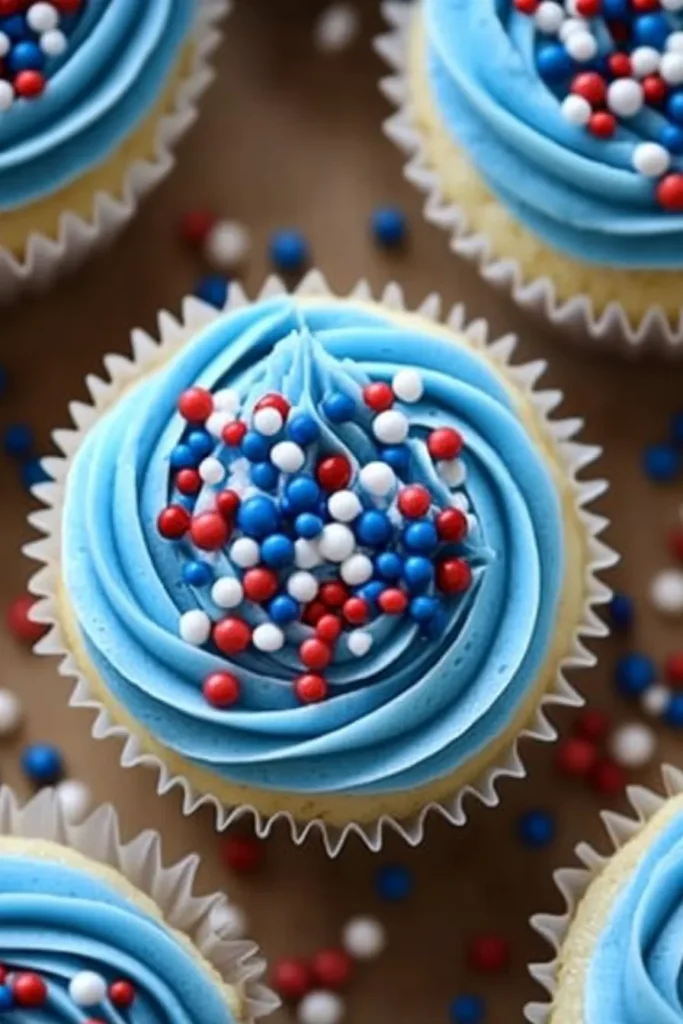 Overhead view of vanilla cupcakes with swirled blue frosting and red, white, and blue candy sprinkles on a rustic wooden surface.
