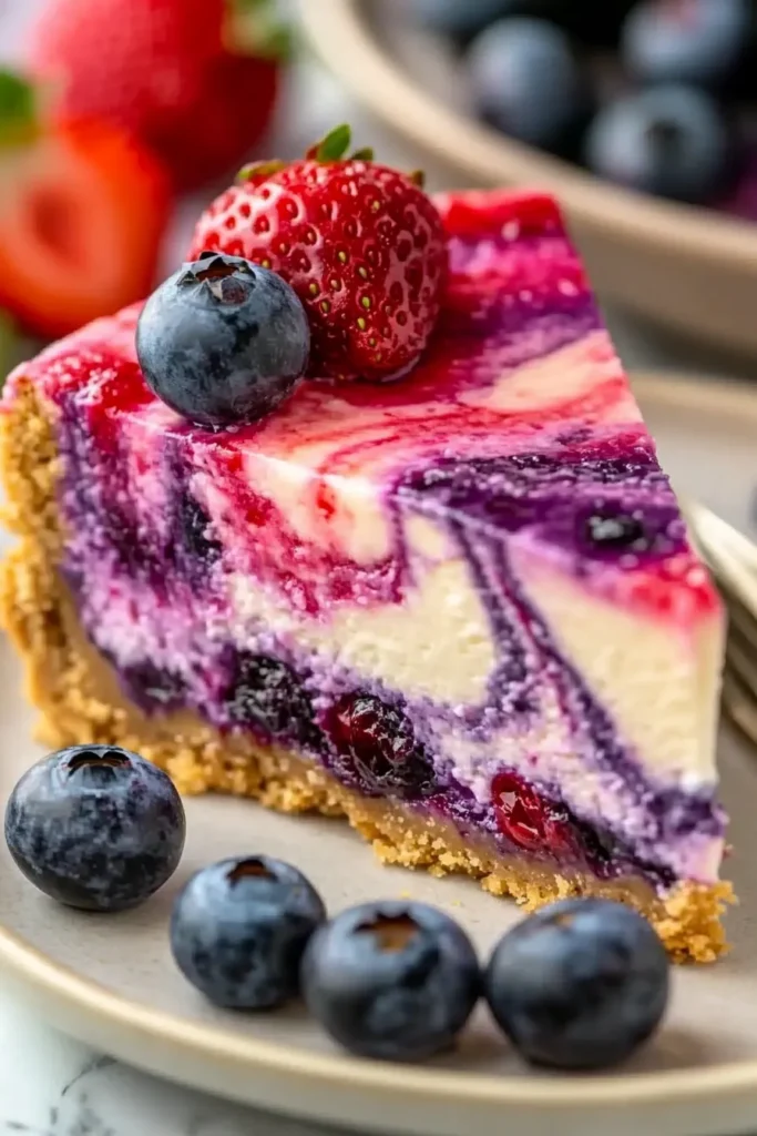 Berry Swirl Cheesecake: A Creamy, Fruity Dream Dessert 8 Close-up slice of creamy berry swirl cheesecake with vibrant purple and red fruit swirls, golden graham cracker crust, garnished with fresh blueberries and strawberries