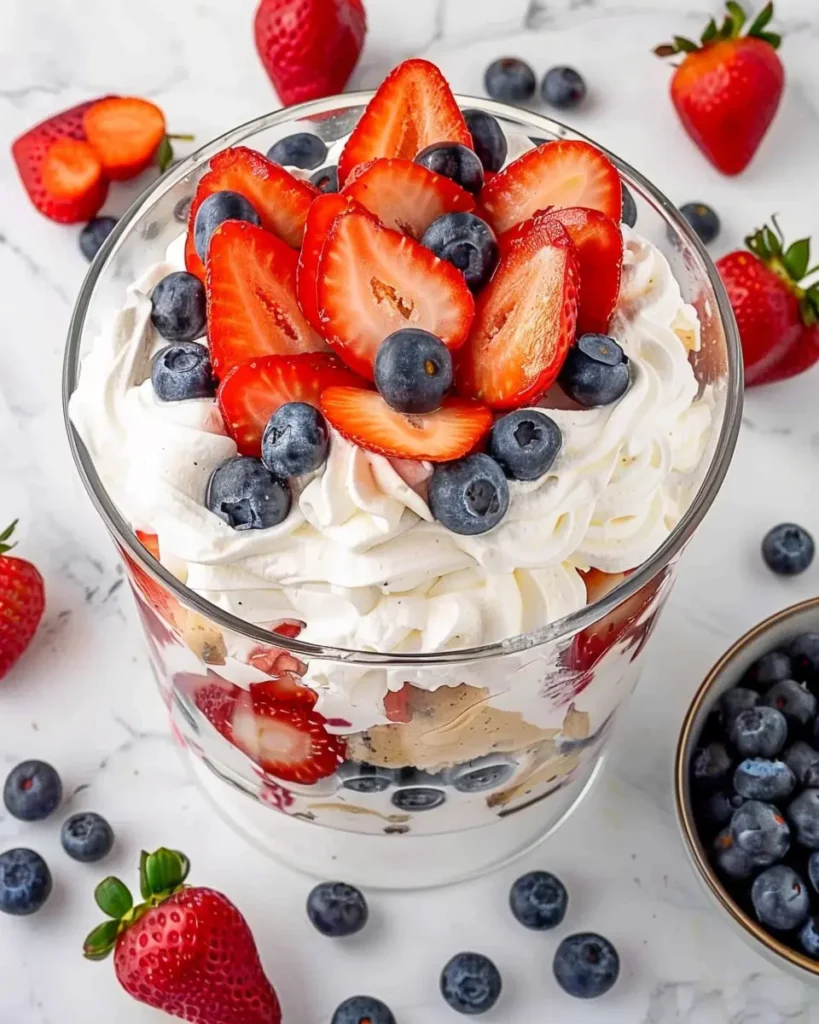 Close-up of 4th of July trifle dessert topped with whipped cream, strawberries, and blueberries in a glass bowl, festive patriotic treat.