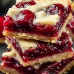 Close-up stack of cherry pie bars showing thick glossy cherry filling and soft crumbly buttery crust with juicy cherry chunks.