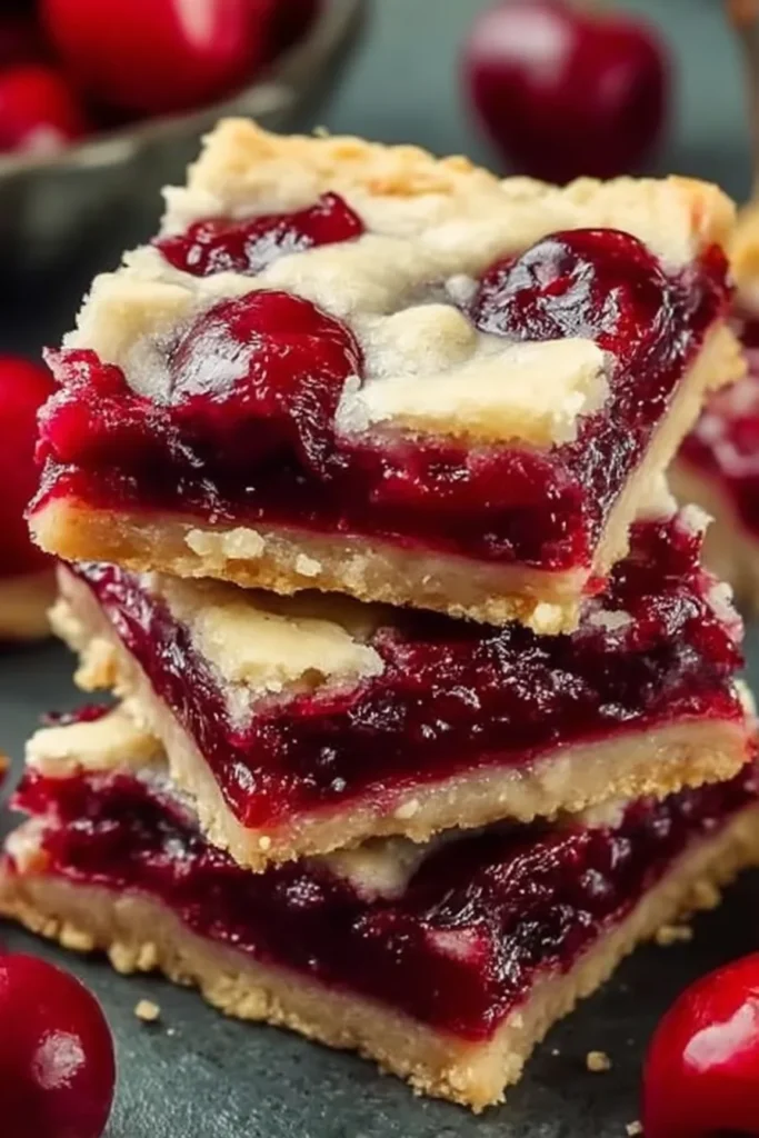 Close-up stack of cherry pie bars showing thick glossy cherry filling and soft crumbly buttery crust with juicy cherry chunks.