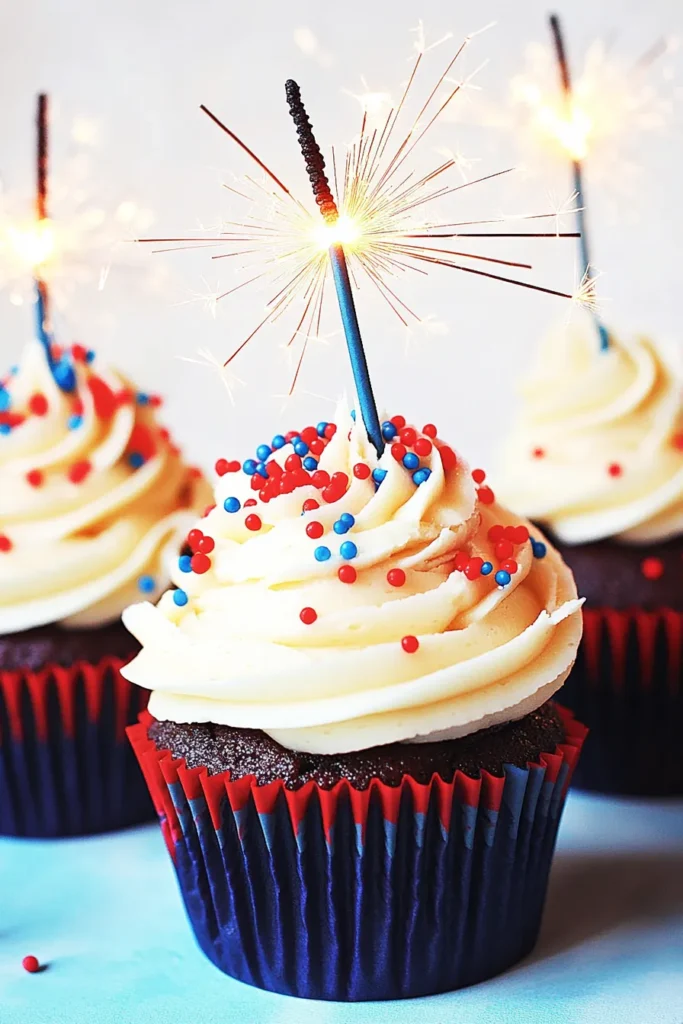 July Firework Cupcakes: A Sparkling Treat for Independence Day 6 Patriotic firework cupcakes with vanilla frosting, red-blue sprinkles, and sparkler toppers on a pastel table.