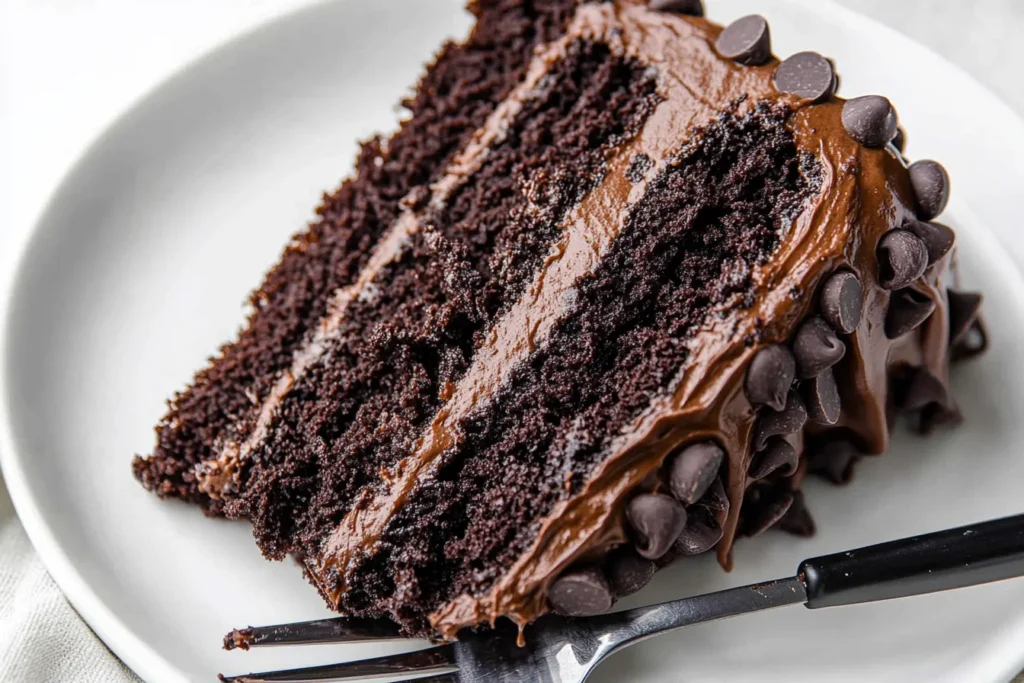 Moist triple chocolate cake slice with rich frosting and chocolate chips