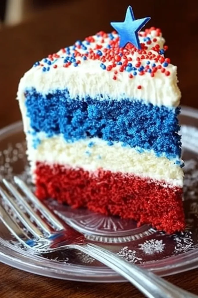 Red White and Blue Cheesecake Cake: A Festive Summer Holiday Delight 8 Close-up of a red, white, and blue layered cheesecake cake slice with cream cheese frosting and festive sprinkles on a clear plastic plate with a fork