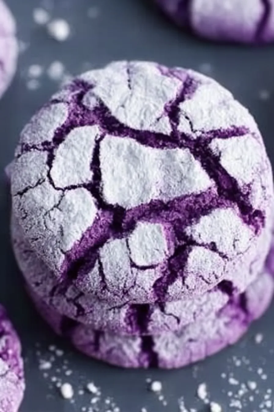 Purple Crinkle Cookies Recipe showing a close-up of a cookie with a cracked powdered sugar crust and vibrant purple center.