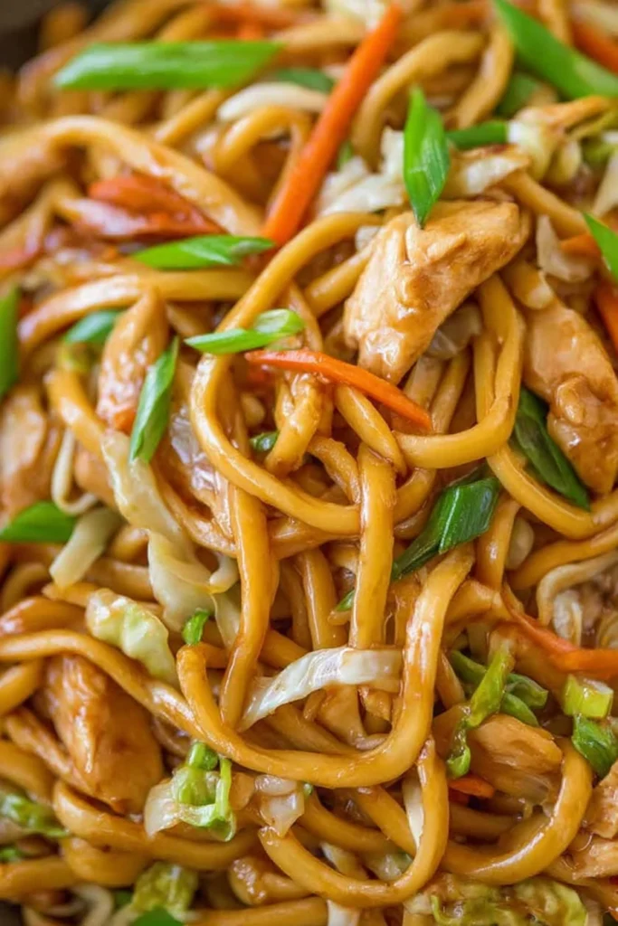 Close-up of Super Easy Chicken Lo Mein with noodles, stir-fried chicken, and vegetables in savory sauce.