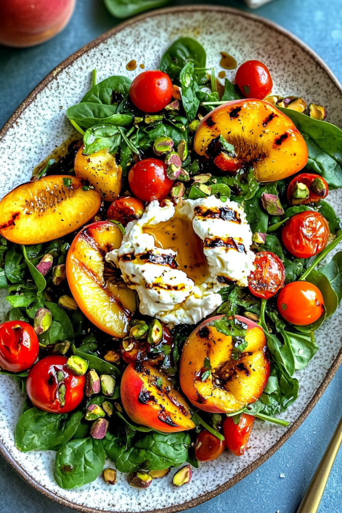 Easy grilled peach salad with burrata, cherry tomatoes, pistachios, and fresh herbs on a ceramic plate