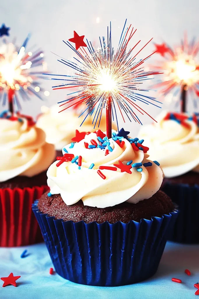 July Firework Cupcakes with vanilla and chocolate bases, swirl frosting, colorful sprinkles, and sparkling firework toppers.