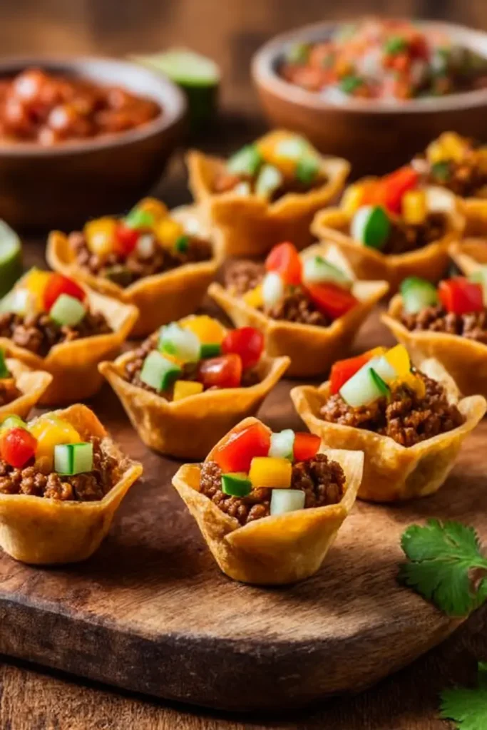 Baked Taco Bites Recipe: Easy & Flavorful Party Snack 5 Colorful Mini Baked Taco Bites with Fresh Vegetable Garnishes