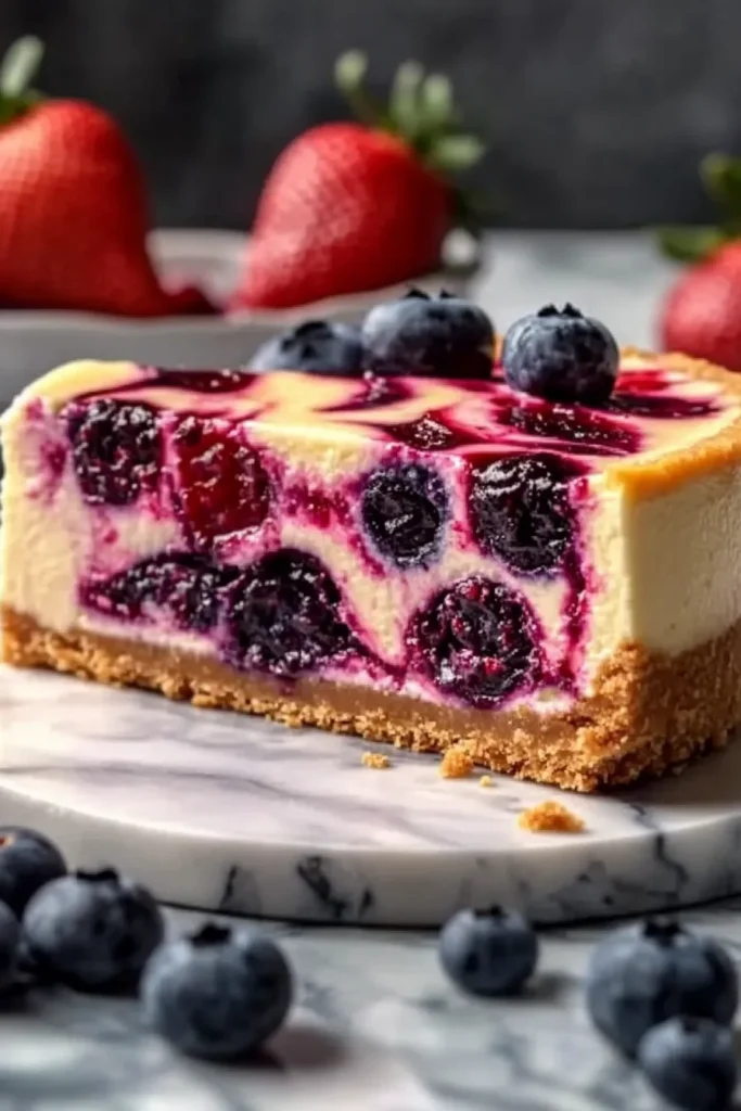 Berry Swirl Cheesecake: A Creamy, Fruity Dream Dessert 7 Close-up of a creamy berry swirl cheesecake slice with whole blueberries and raspberries embedded inside, resting on a marble plate with fresh berries in the background.