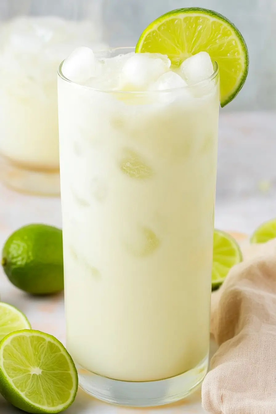 Tall glass of Brazilian Lemonade with ice and lime slices, served on marble with fresh limes.