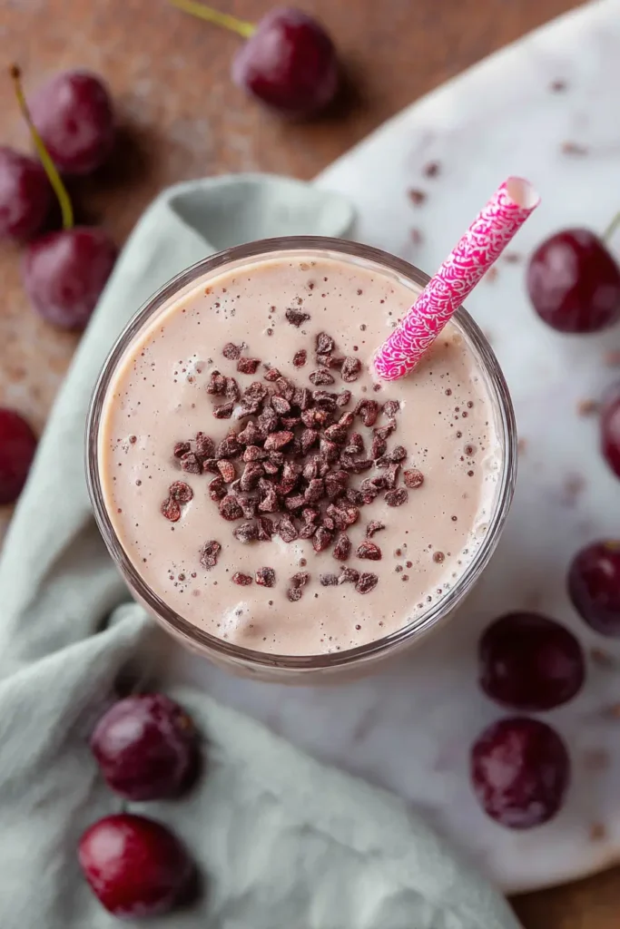 Overhead shot of a cherry banana smoothie topped with chocolate chips and a pink paper straw on a wooden table.