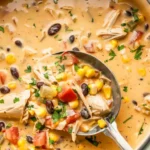 Chicken Taco Soup – Easy Weeknight Dinner Recipe 5 Creamy chicken taco soup with shredded chicken, corn, beans, and tomatoes in a ladle over a Dutch oven
