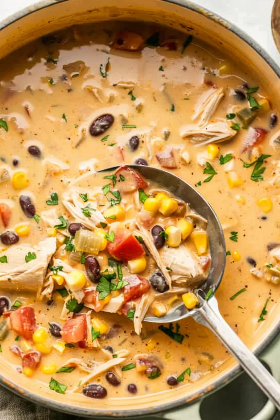 Creamy chicken taco soup with shredded chicken, corn, beans, and tomatoes in a ladle over a Dutch oven