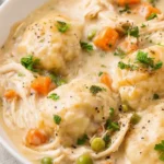 Crockpot Chicken and Dumplings: Cozy & Easy Winter Meal 7 Creamy crockpot chicken and dumplings in a bowl with vegetables and herbs