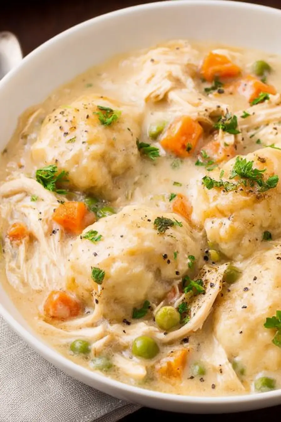 Creamy crockpot chicken and dumplings in a bowl with vegetables and herbs