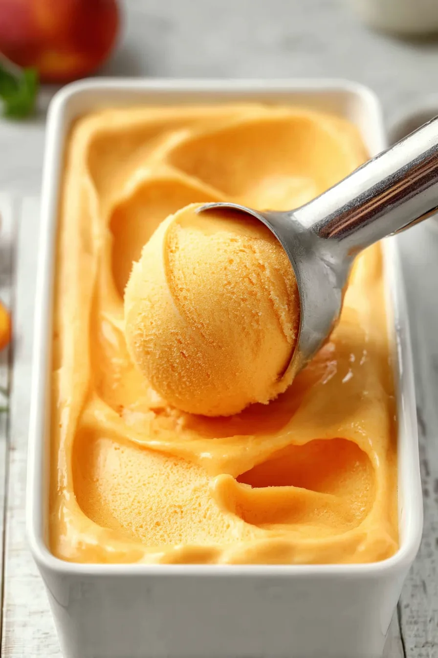 Close-up of creamy homemade peach sorbet being scooped from a white dish on a light background.